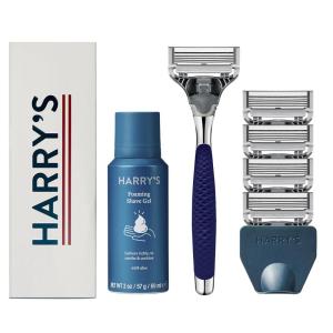 imageHarrys Shaving Kit for Men  Razor Handle 5 Razor Blade Refills Foaming Shave Gel and Travel Blade Cover  CharcoalDark Blue