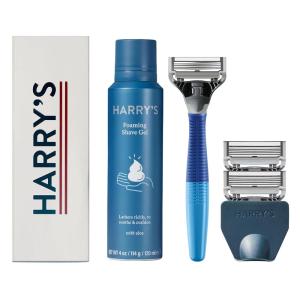 imageHarrys Shaving Kit for Men  Razor Handle 3 Razor Blade Refills Foaming Shave Gel and Travel Blade Cover  SageOcean Blue