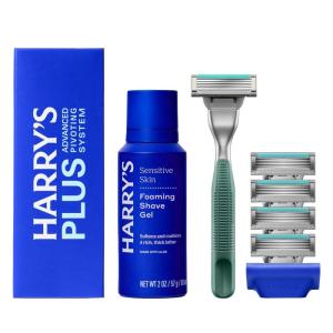 imageHarrysPLUS Shaving Kit for Men  Premium Handle 5 Razor Blade Cartridges 2 oz Foaming Shave Gel and Travel Blade Cover  Advanced Pivoting System  Moss