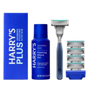 imageHarrysPLUS Shaving Kit for Men  Premium Handle 5 Razor Blade Cartridges Foaming Shave Gel and Travel Blade Cover  Advanced Pivoting System  Tide